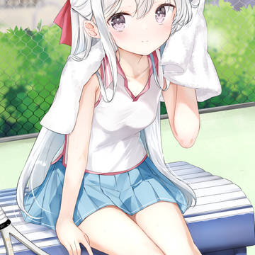 tennis wear, pleated skirt, White Hair / 『汗かいちゃいましたね。 タオルありがとうございます。お兄さん』