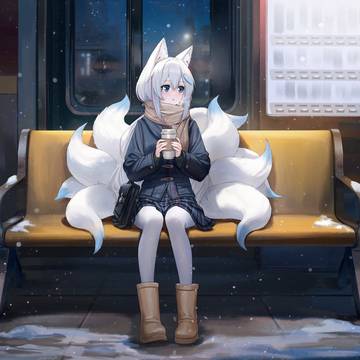 original character, white tights, nine-tailed fox / 終電を待つ少女 [Hope a great new year!]