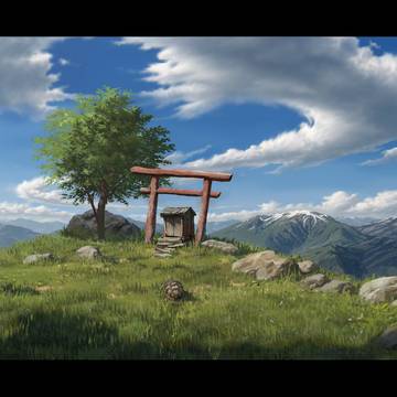 scenery, background, illustration / 山頂の祠に願い事